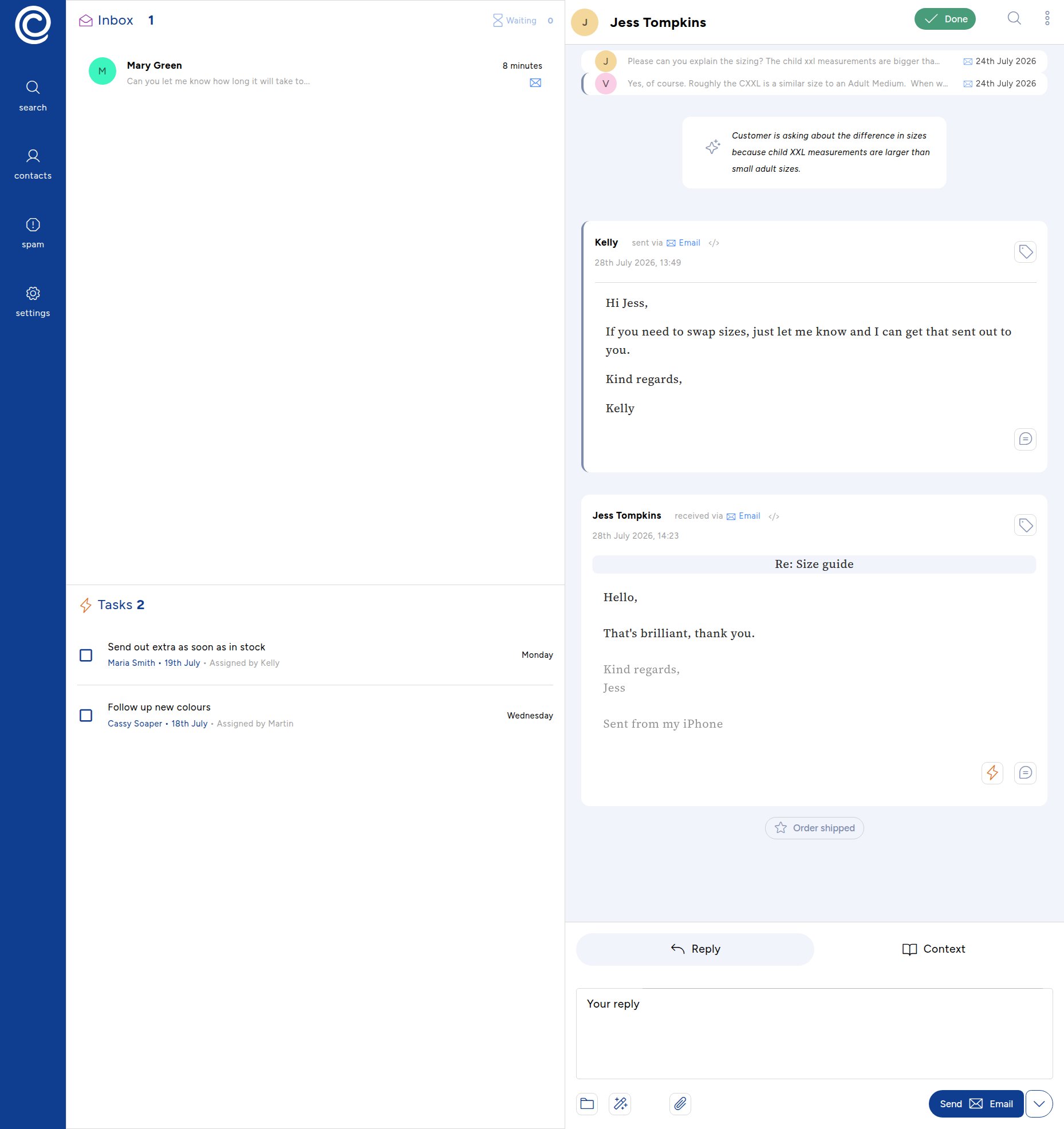 The Positive Contact shared inbox, showing a customer conversation